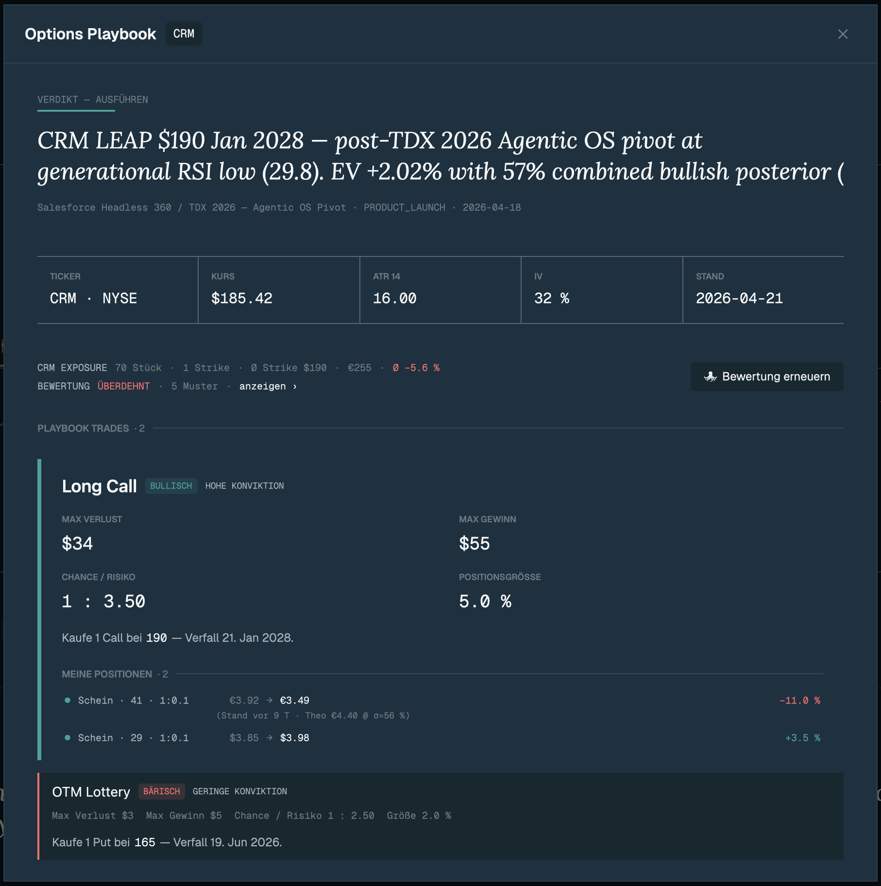 Options Playbook für CRM — LEAP $190 Jan 2028, mit Long Call (bullisch, hohe Konviktion) und OTM Lottery (bärisch, geringe Konviktion) als Multi-Leg-Trades.