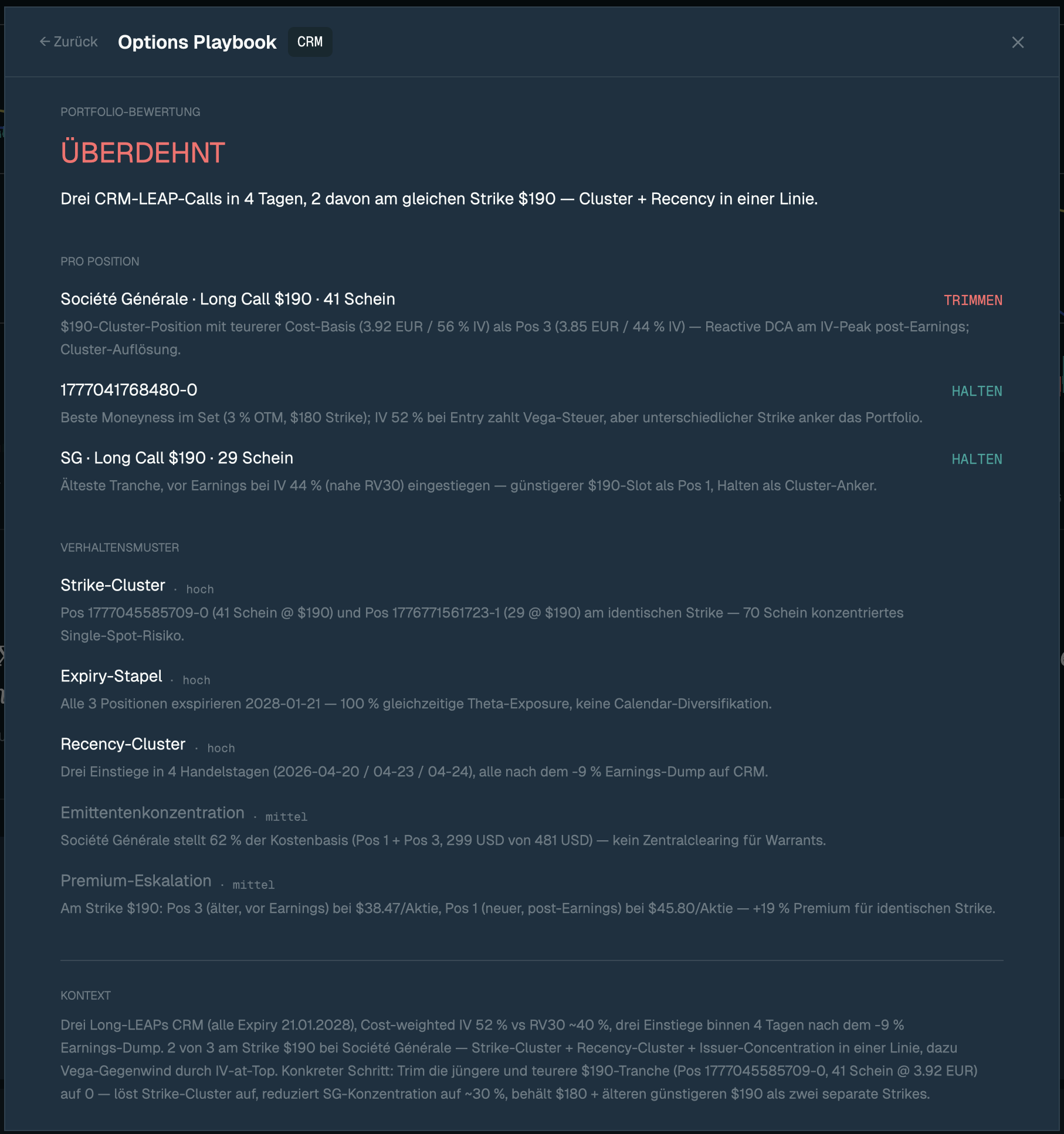 Options Position Rating für CRM Long Calls — Verdict ÜBERDEHNT, mit Pro-Position-Trims, Verhaltensmustern (Strike-Cluster, Expiry-Stapel, Recency, Emittentenkonzentration, Premium-Eskalation) und Kontext-Block.