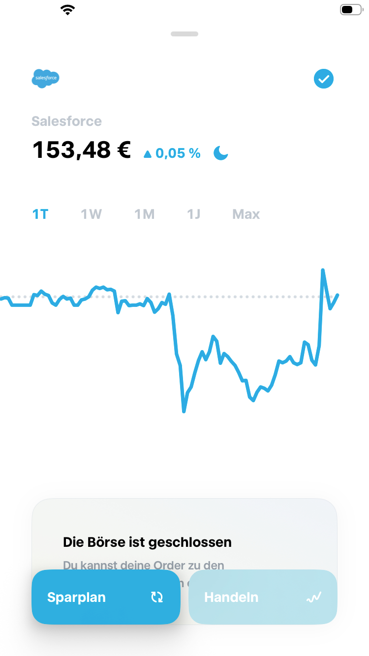 Trade Republic CRM-Position auf dem iPhone — Chart, Sparplan, Handeln.