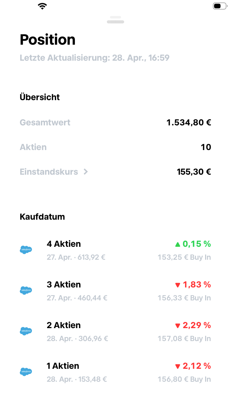 Trade Republic CRM-Position-Detail — Übersicht und 4 Kaufdatum-Tranchen.