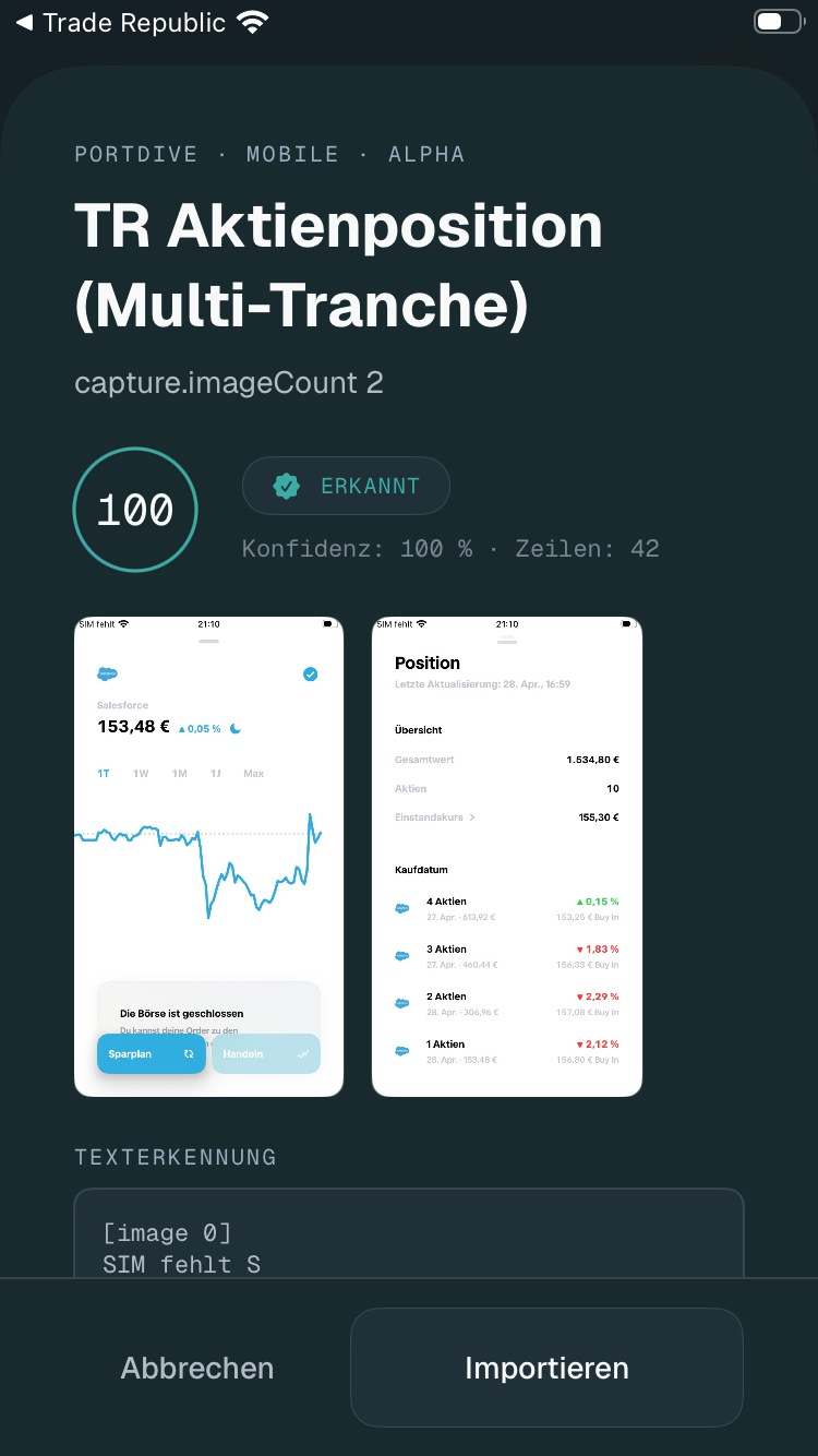 PortDive Mobile: TR Aktienposition Multi-Tranche, Konfidenz 100 %, ERKANNT.
