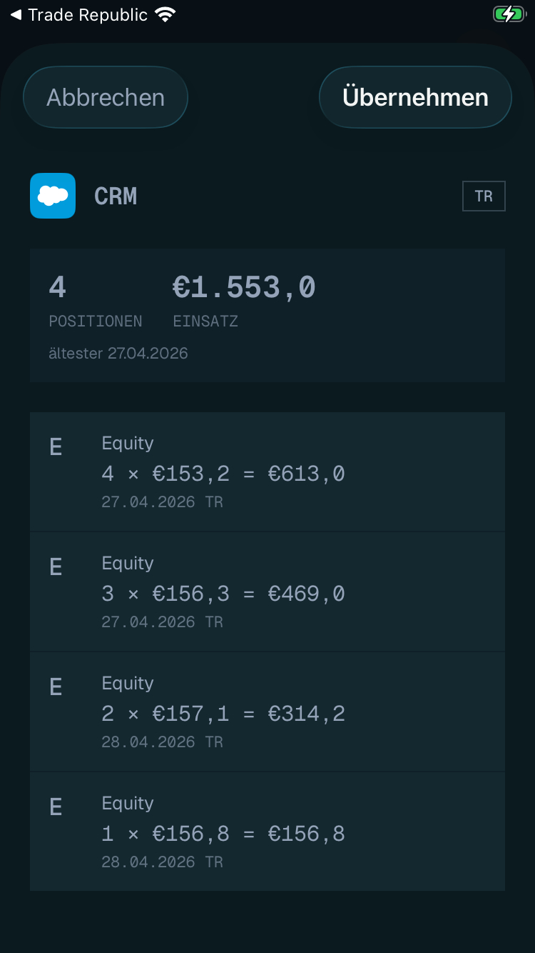 PortDive Mobile: Position-Review für CRM mit 4 Equity-Tranchen, ältester 27.04.2026.